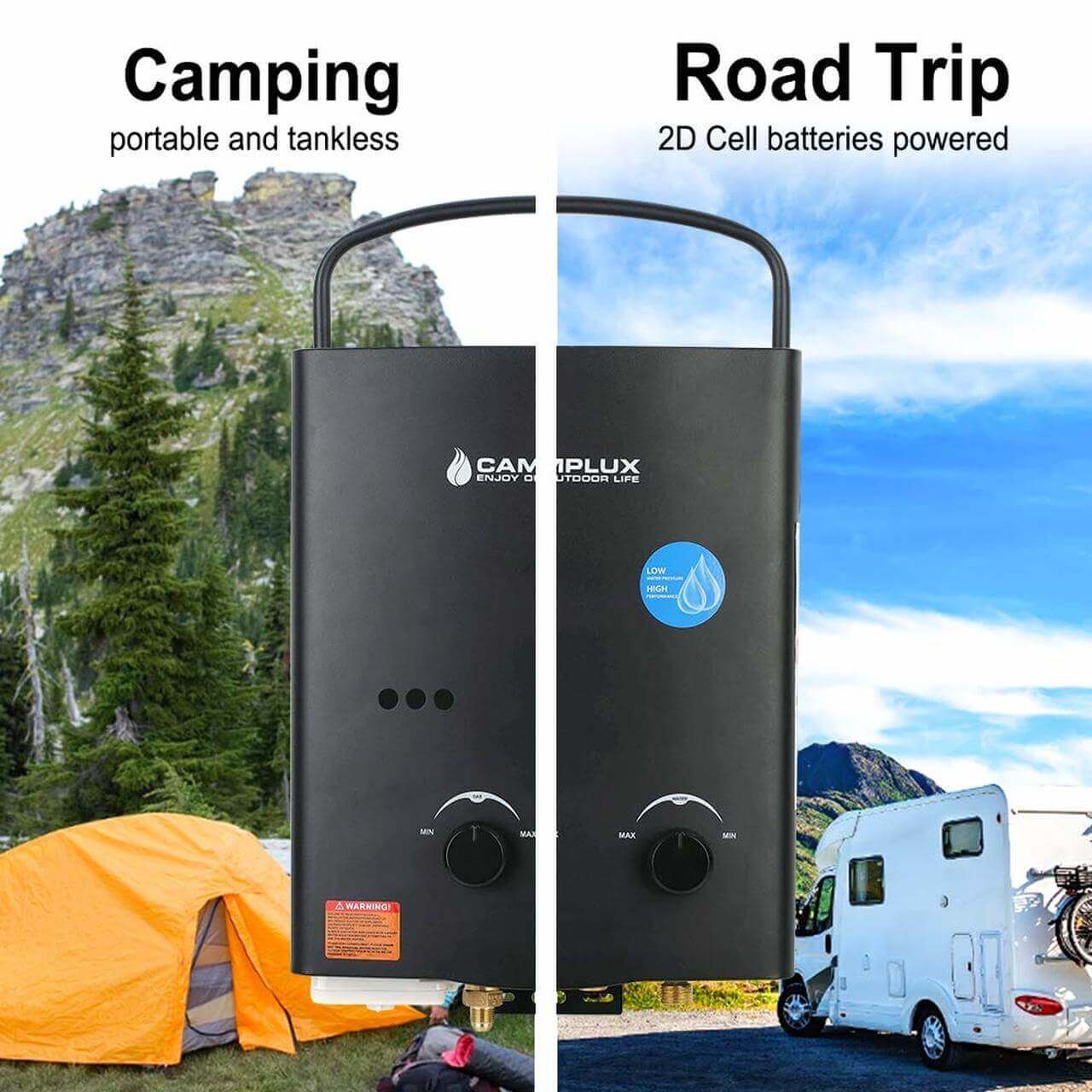 Camplux 5L Portable Propane Water Heater for Camping and Road Trips, 2D Battery Ignition, Cabin Depot