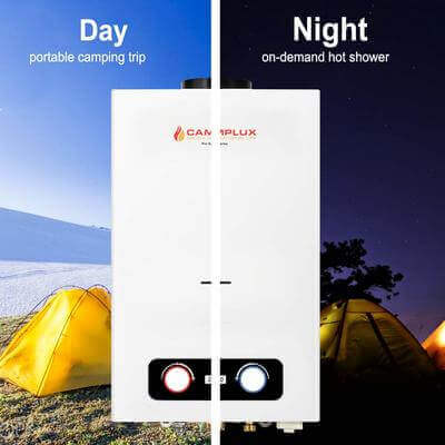 Camplux 10L Portable Tankless Outdoor Water Heater displayed for day and night camping use, providing on-demand hot water.