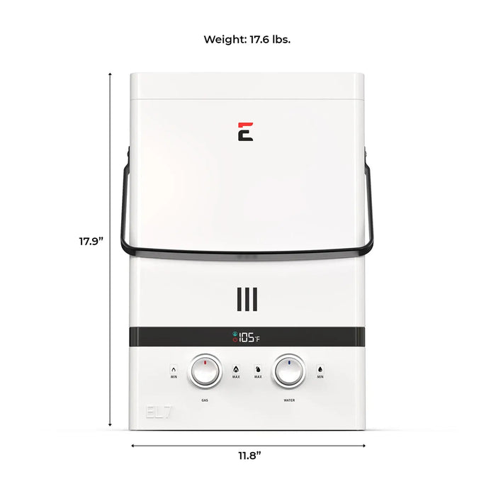 Eccotemp EL7 Luxe Outdoor Portable Tankless Water Heater with LED display, measuring 17.9" x 11.8" and weighing 17.6 lbs.