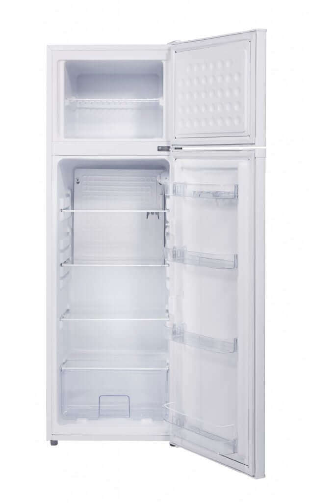 Unique 9 cu/ft solar powered DC fridge UGP-260L1, energy-efficient, available at Cabin Depot, with open door showing interior compartments.