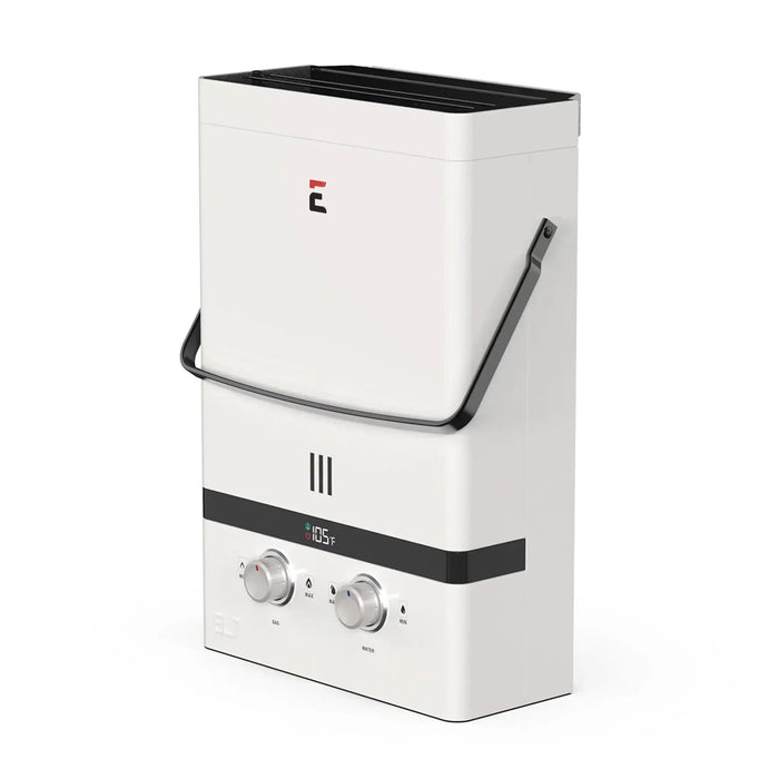 Eccotemp EL7 Luxe Outdoor Portable Tankless Water Heater with LED display and rain cap in pearl white.