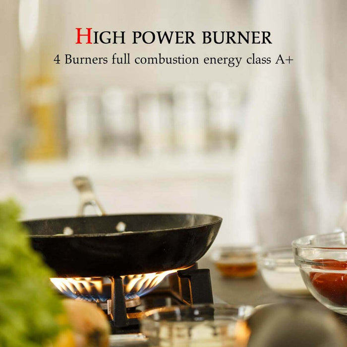 Close-up of high power gas burner in use, promoting GaslandChef 4 burner stove, energy class A+ for efficient cooking.