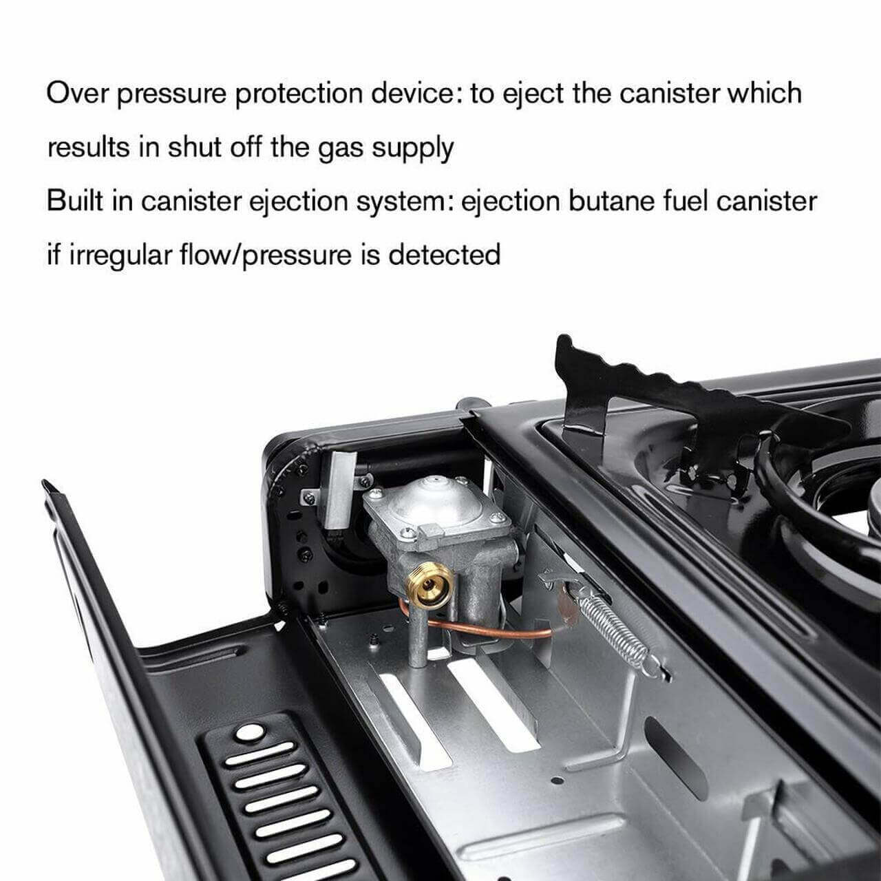 Camplux Dual Fuel Camping Gas Stove showing overpressure protection and canister ejection system - Cabin Depot