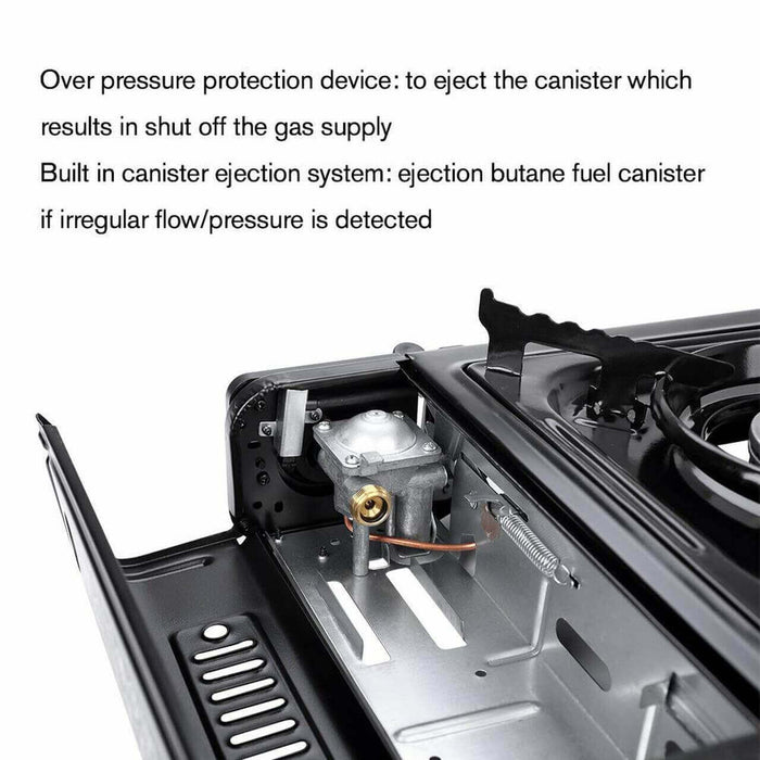 Camplux camping stove with built-in overpressure protection and canister ejection system for safety, close-up view.