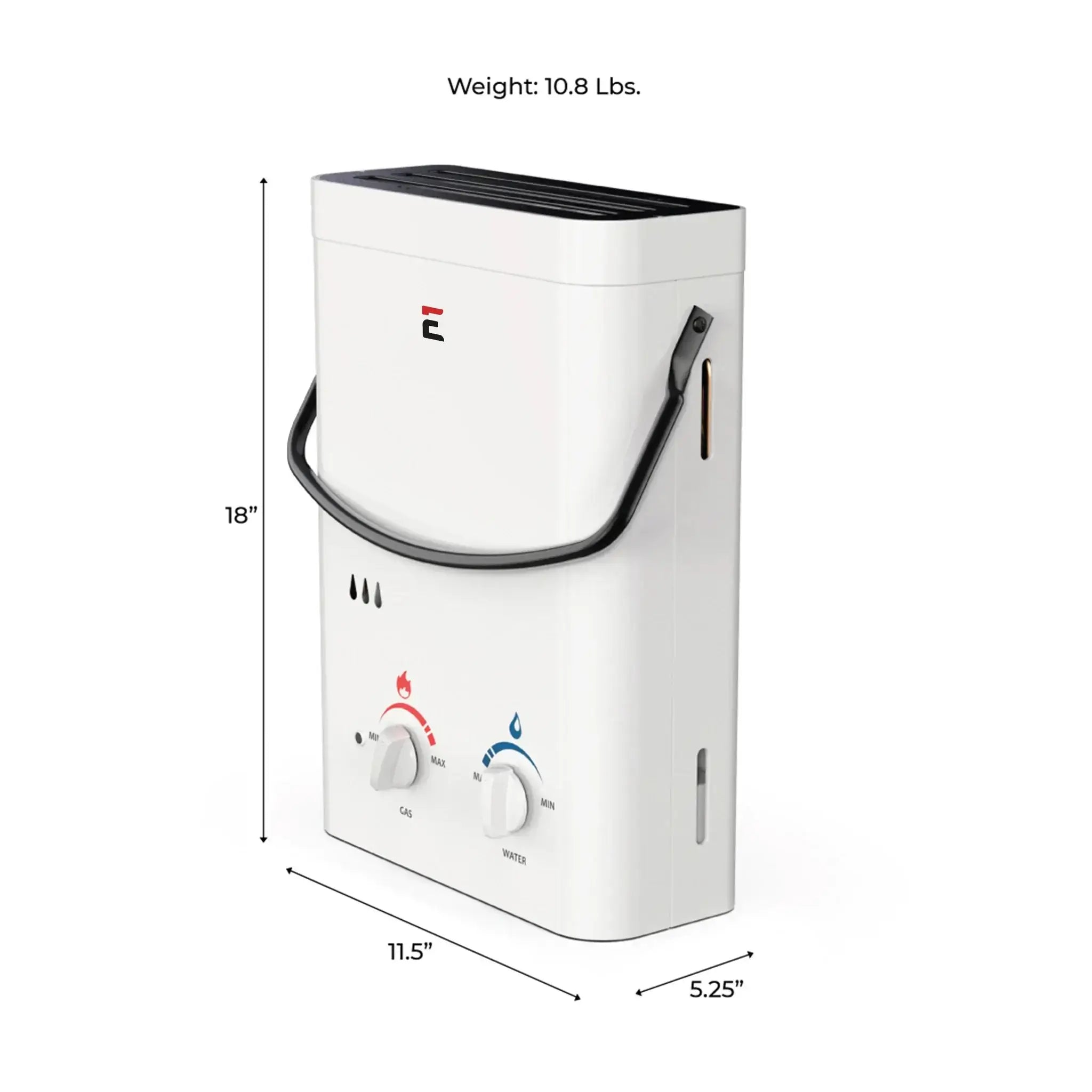 Eccotemp L5 Portable Tankless Water Heater with dimensions, perfect for outdoor use, available at Cabin Depot.