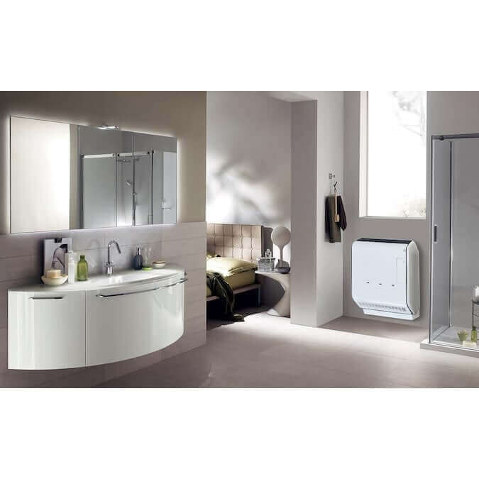 Modern bathroom featuring Drolet 13,750 BTU Direct Vent Heater DV45 for energy-efficient heating.