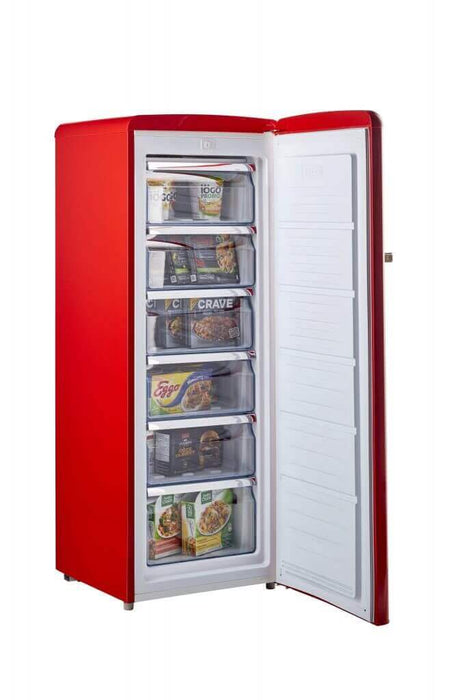 Unique 6 Cu/Ft Retro AC Upright All Freezer, ENERGY STAR Certified, red, with chrome accents from Cabin Depot.