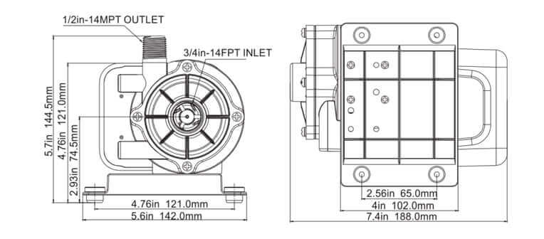 Technical diagram of SEAFLO 115VAC 500GPH Circulation Pump showing inlet and outlet dimensions and specifications.