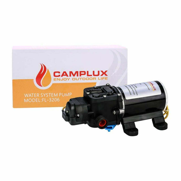 Camplux 1.6 GPM 65 PSI 12V Diaphragm Pump with box, ideal for RVs, boats, and camping, offers automatic pressurized water and easy installation.