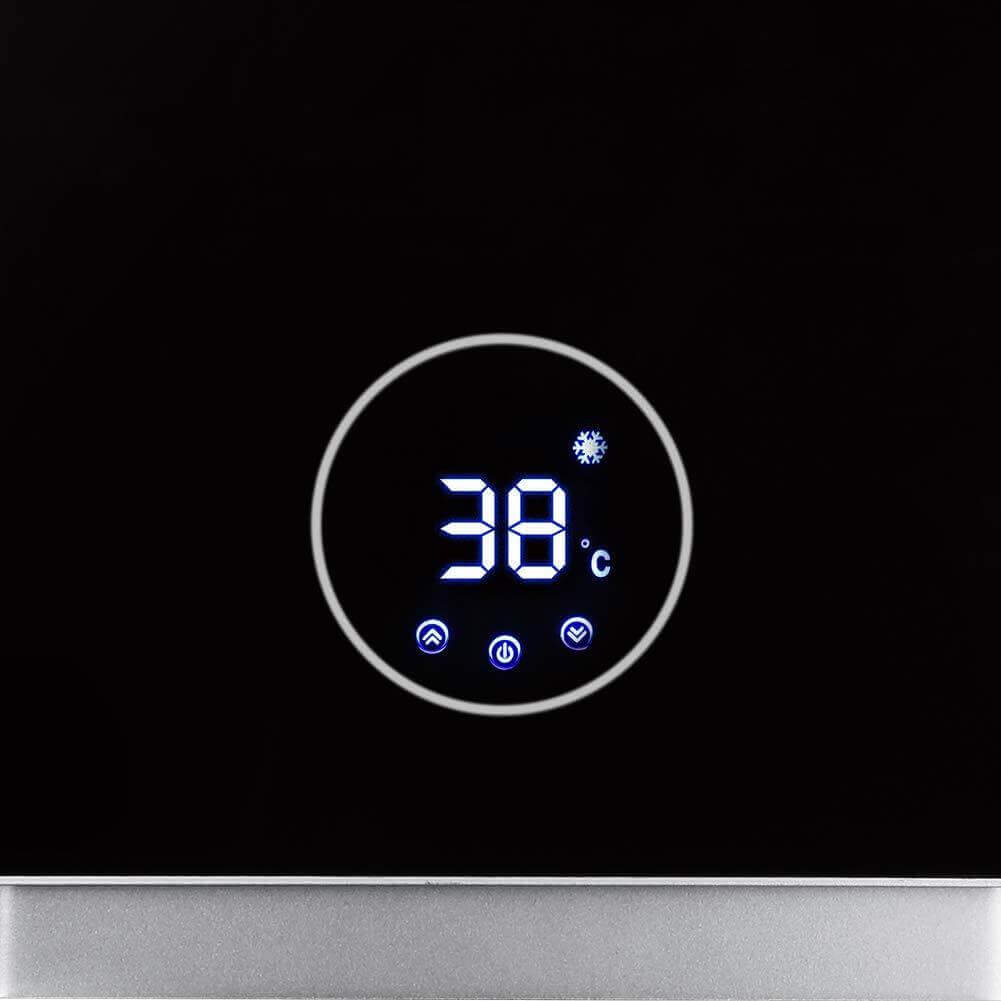 Digital display of Camplux 12L indoor tankless water heater showing 38°C, available at Cabin Depot.