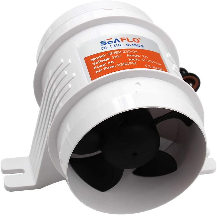 SEAFLO 12V In-Line Blower SFIB1-235-04 for cabins, available at Cabin Depot. High-demand item, backordered until mid-October.