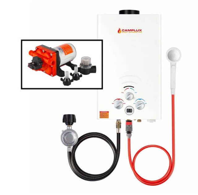 Camplux 8L propane tankless water heater with Seaflo pump and strainer, ideal for off-grid cabins. Available at Cabin Depot.