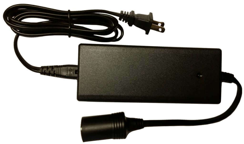 Universal power adapter for unique solar powered DC fridge, energy-efficient charging solution sold at Cabin Depot.