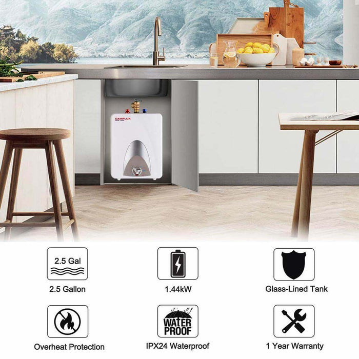 Camplux 2.5-Gallon Mini Tank Electric Water Heater in modern kitchen setting with features like waterproof and overheat protection.