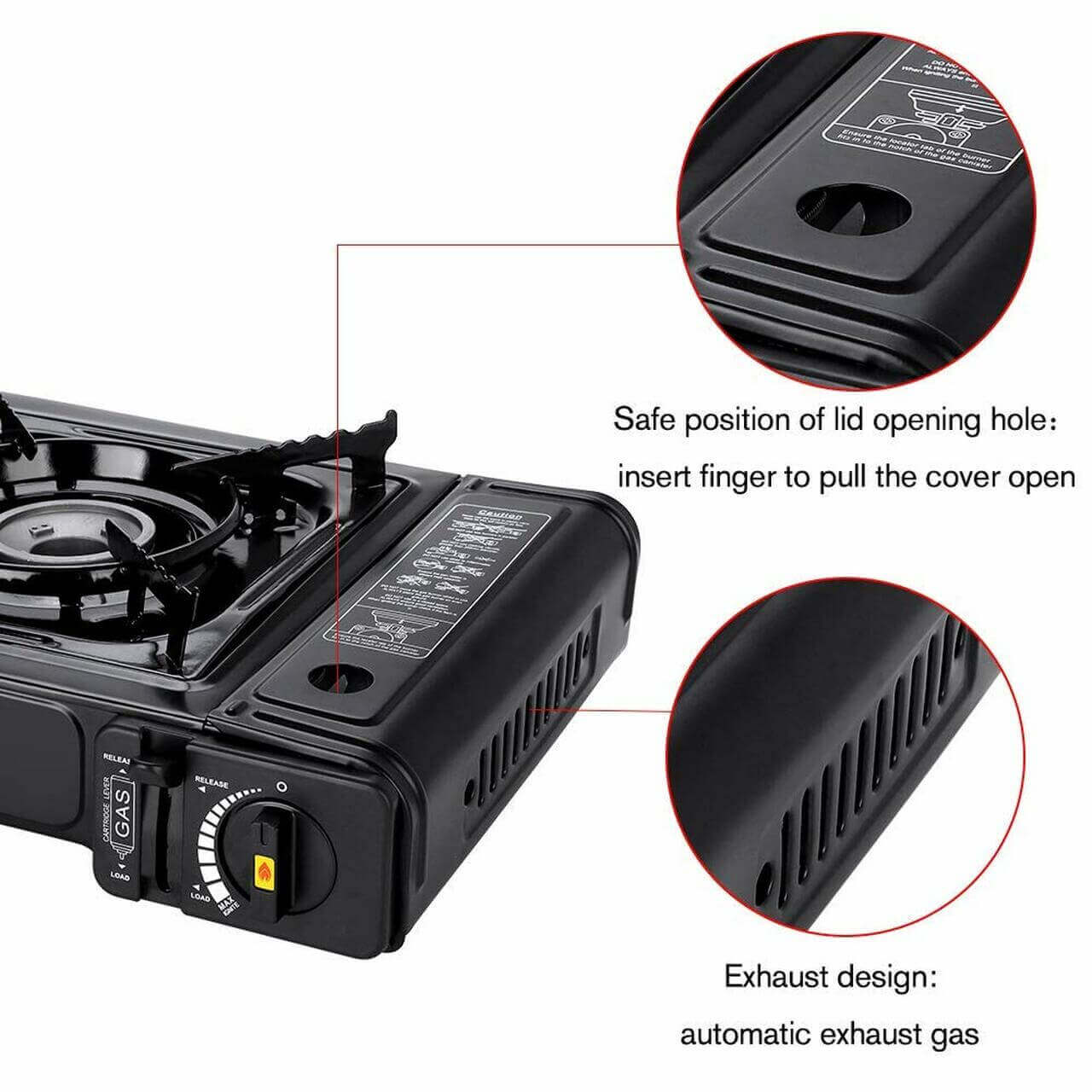 Camplux Dual Fuel Portable Camping Stove with exhaust design, featuring safe lid opening, sold by Cabin Depot.