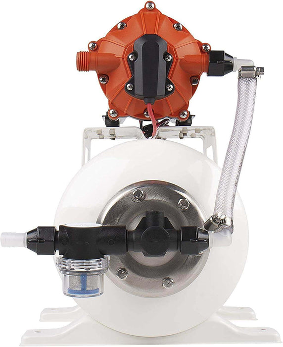 SEAFLO 12V 8L Accumulator Pressure Boost System with diaphragm pump and pre-pressurized tank for easy water pressure installation.