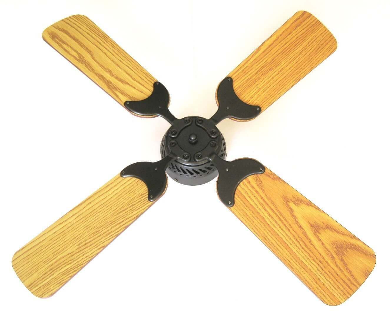 Wood-blade ceiling fan with black metal center, perfect for rustic interiors - available at Cabin Depot.