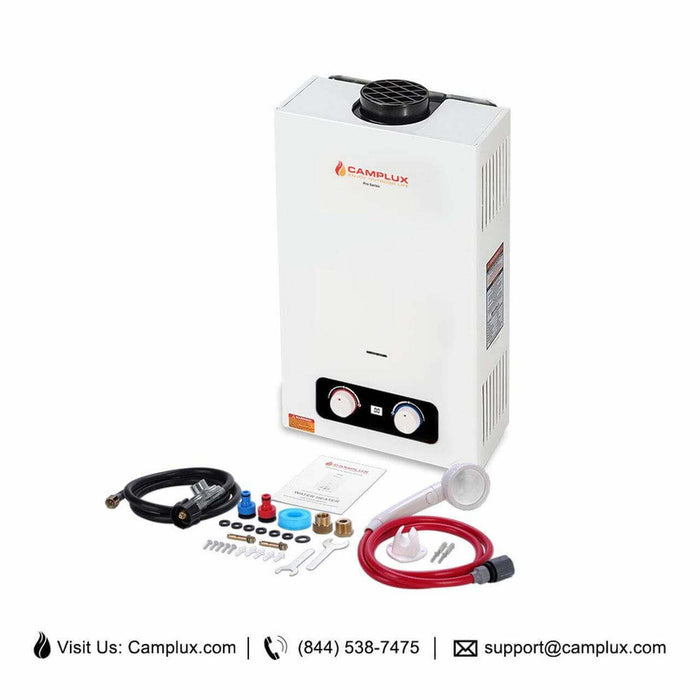 Camplux 10L 2.64 GPM Portable Tankless Outdoor Water Heater in white with installation accessories and gas regulator.