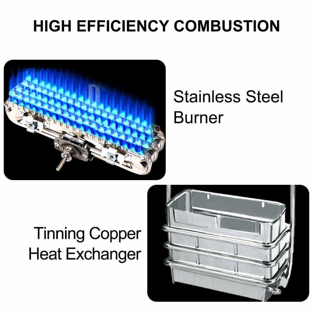High efficiency combustion with stainless steel burner and tinning copper heat exchanger for Camplux propane water heater.