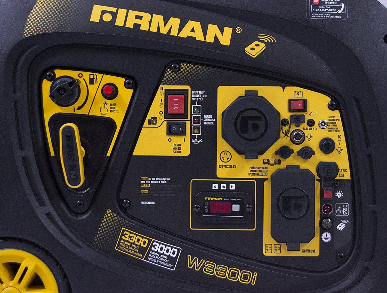 Firman 3300W Whisper Series Generator control panel, available at Cabin Depot. Features efficient 171cc engine with 59 decibels noise level.