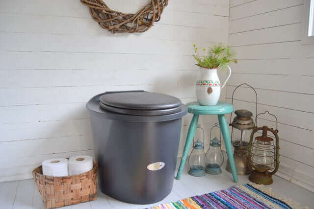 Biolan Simplett Toilet in charcoal color by Cabin Depot, eco-friendly urine-separating, no power required, ideal for any temperature.