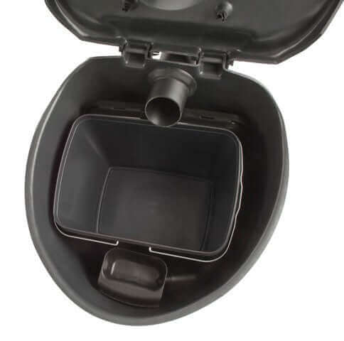 Biolan Simplett Toilet open view showing interior, ideal for eco-living. Available at Cabin Depot. No power or water needed. Charcoal color.