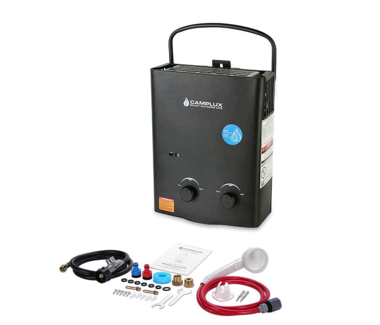 Camplux 5L Propane Portable Tankless Water Heater with accessories, ideal for cabins and off-grid use, available at Cabin Depot.