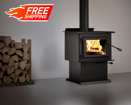 Century FW2900 Wood Stove with stainless steel protector, free shipping, next to woodpile, ideal for homes, non-catalytic combustion.