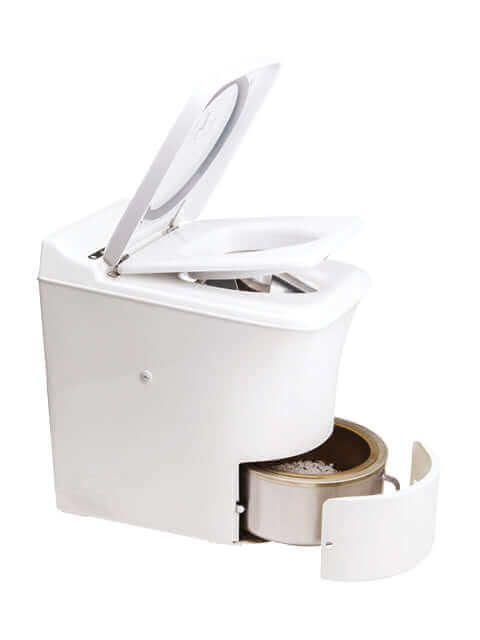 Cinderella Comfort Incinerating Toilet with open lid and visible compartment for efficient waste management solutions.