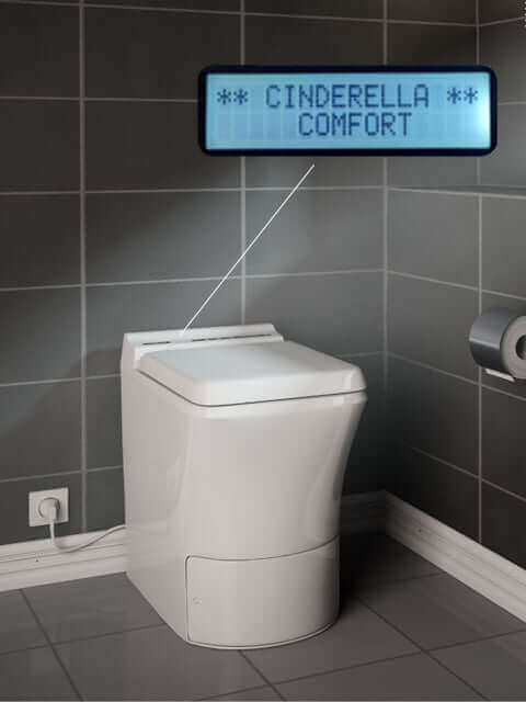 Cinderella Comfort incinerating toilet bundle with display, efficient waste management for cabins and off-grid living.