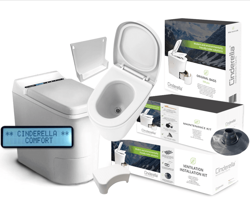 Cinderella Comfort toilet bundle with urinal, maintenance kit, ventilation kit, and gift card offer from The Cabin Depot™.