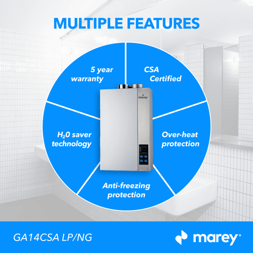 Marey 14L tankless water heater features CSA certified, 5-year warranty, H2O saver, over-heat, and anti-freezing protection.