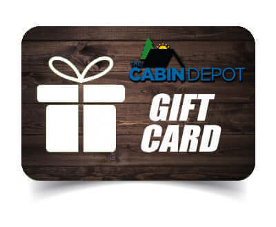 The Cabin Depot gift card with ribbon icon on wood background, ideal for flexible gift giving.