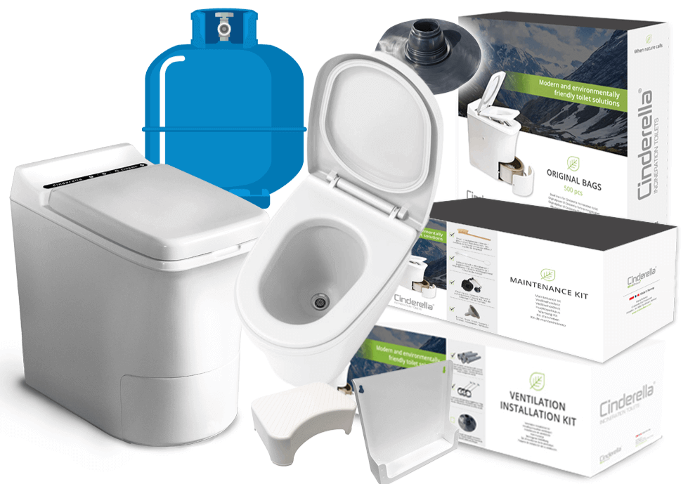 Cinderella® Freedom Bundle with urinal and accessories, featuring incinerating toilet, propane tank, and maintenance kits.