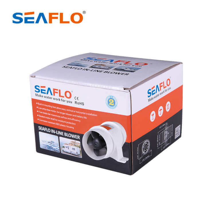 SEAFLO 12V In-Line Blower packaging by Cabin Depot featuring efficient high-output operation for marine use.
