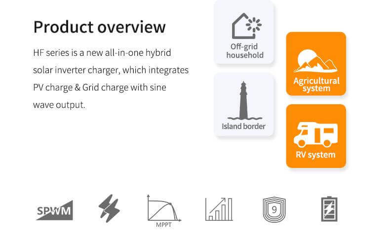 "Product overview of HF series all-in-one hybrid solar inverter charger with PV and grid charge integration features"