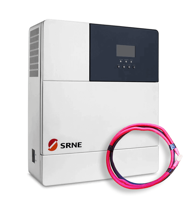 SRNE 3,000W 24V All-In-One Inverter/Charger with LCD, 40A battery charger, and 60A MPPT controller, includes cables.