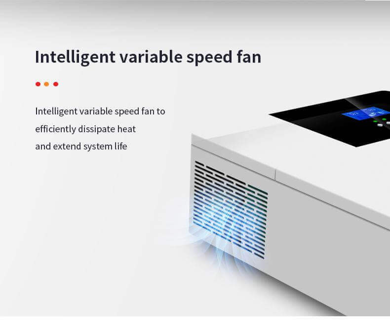 Intelligent variable speed fan for efficient heat dissipation on SRNE 3,500W inverter/charger with LCD display.