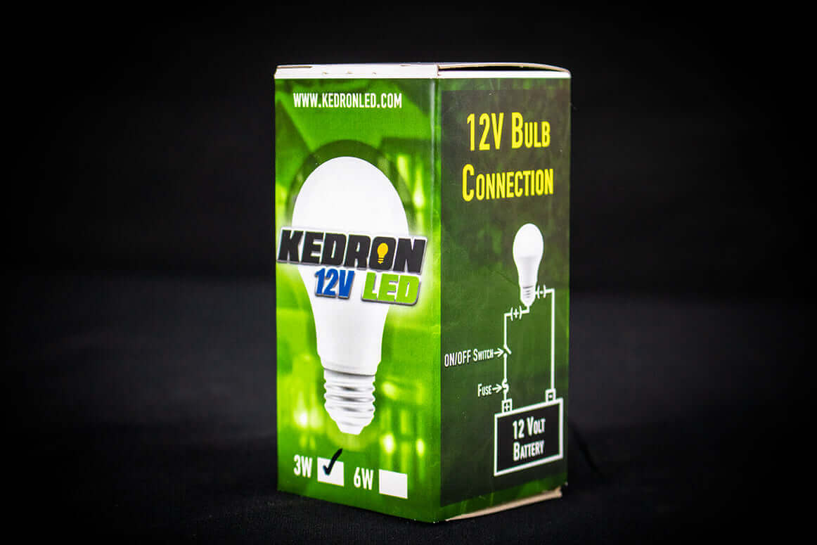 Kedron 12V LED 3W Light Bulb Packaging, ideal for energy-efficient indoor and garden lighting, available at Cabin Depot.