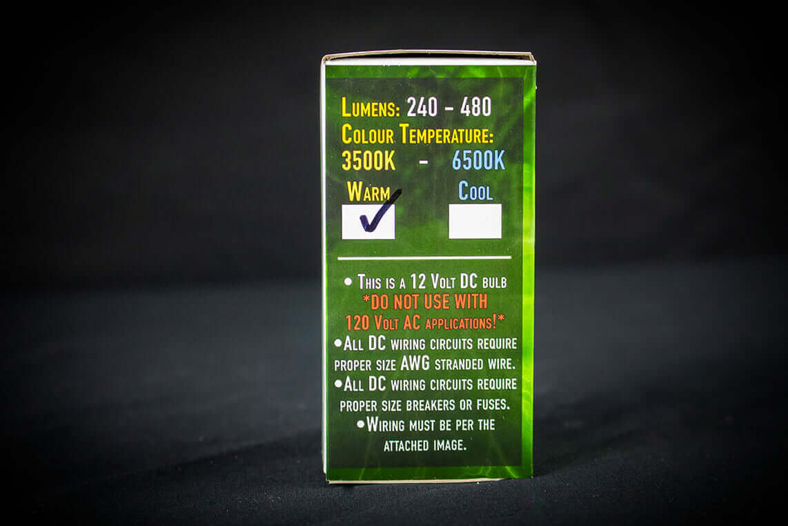 Kedron 12V 3W LED DC Light Bulb packaging highlighting warm and cool white options, 240-480 lumens, ideal for energy-efficient lighting.