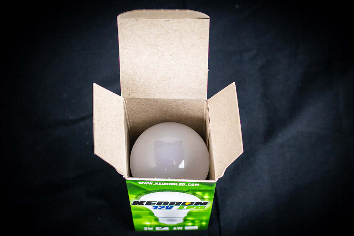 Kedron 12V 3W LED DC Light Bulb in box, E27 socket, energy-saving, available at Cabin Depot, ideal for garden and indoor lighting.