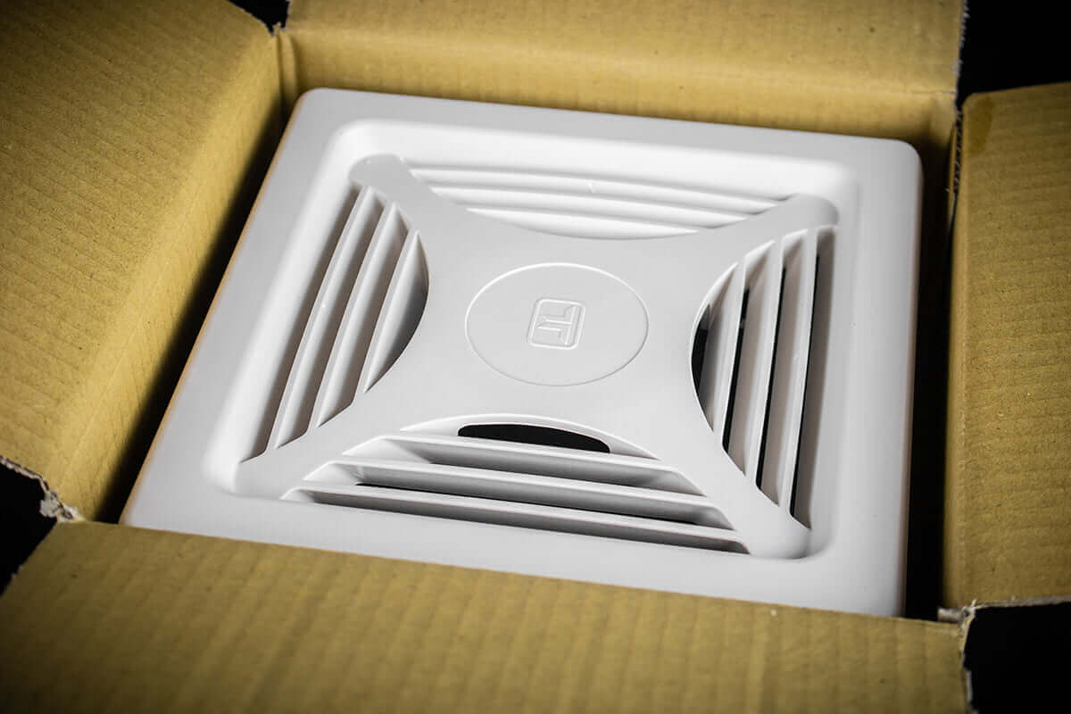 Kedron 12V DC Exhaust Fan in box, waterproof and CSA certified, ideal for bathrooms, cabins, RV ventilation. Available at Cabin Depot.