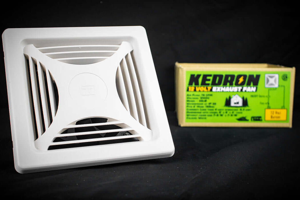 Kedron 12V DC Exhaust Fan and packaging, waterproof CSA certified, ideal for RVs, boats, off-grid, bathroom ventilation.