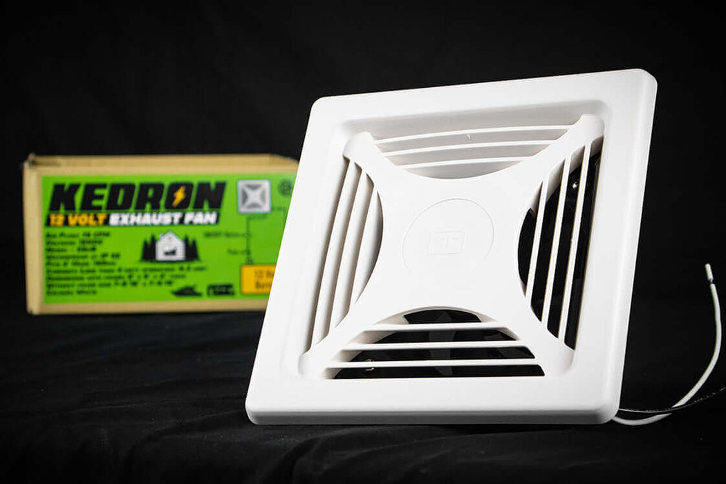 Kedron 12V DC Exhaust Fan with packaging, ideal for waterproof ventilation in off-grid applications like RVs and cabins.