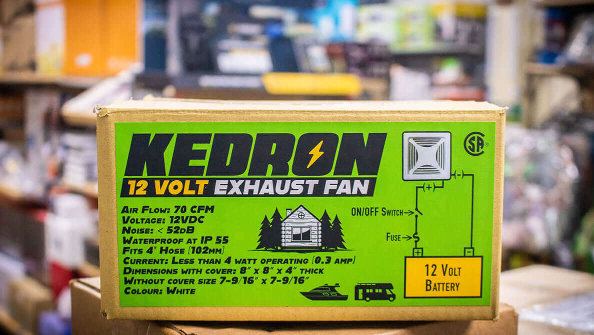 Kedron 12V DC Exhaust Fan Packaging at Cabin Depot, suitable for RVs, boats, and cabins, CSA certified waterproof ventilation solution.