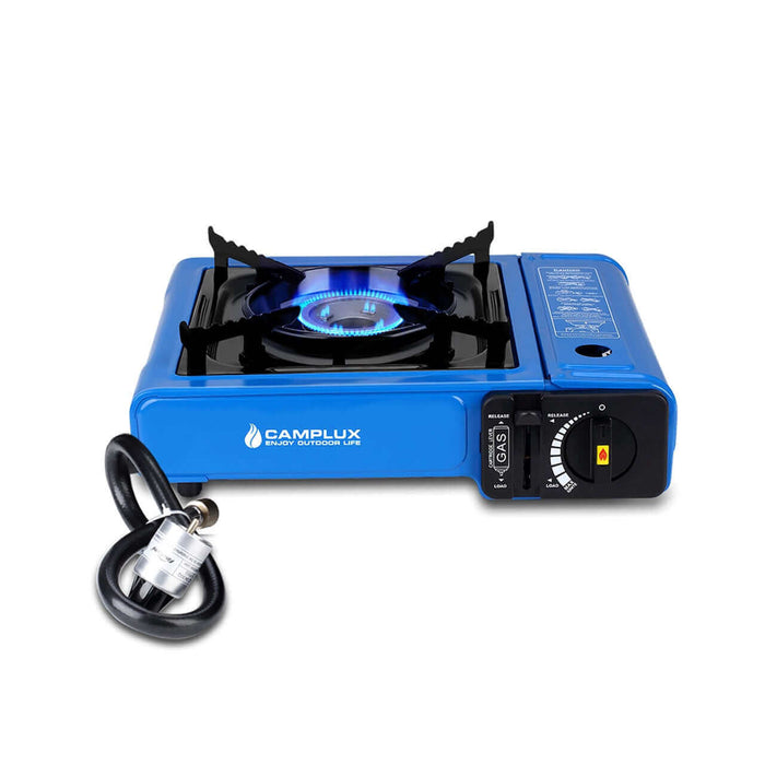 Camplux Dual Fuel Portable Outdoor Camping Stove with Single Burner in Blue, showing propane connection and flame.