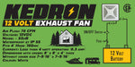 Kedron 12V Exhaust Fan specs, waterproof, CSA certified, for RVs, boats, bathrooms; 12V power system compatible and easy installation.