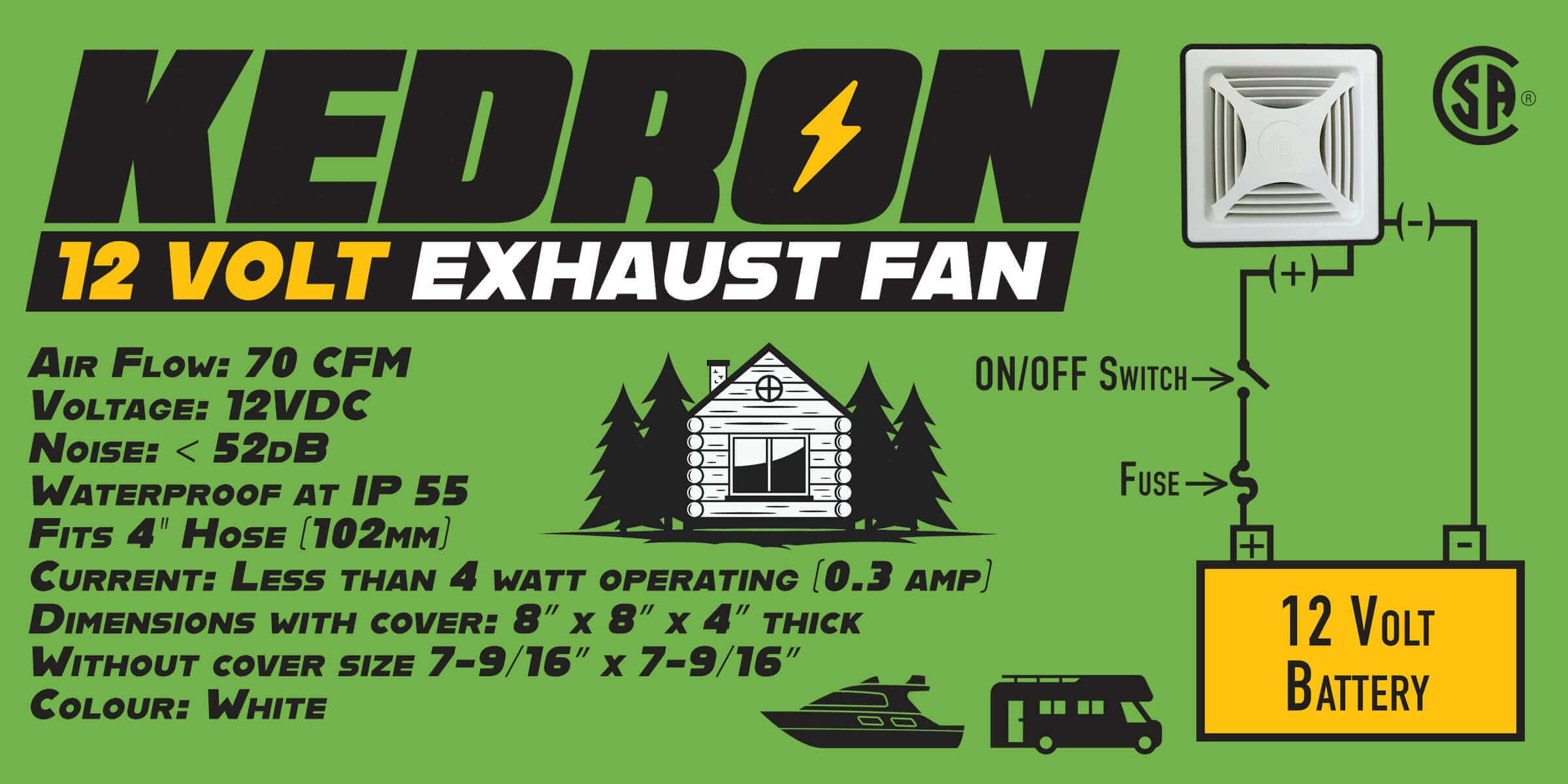 Kedron 12V DC Exhaust Fan for cabins & RVs, Cabin Depot