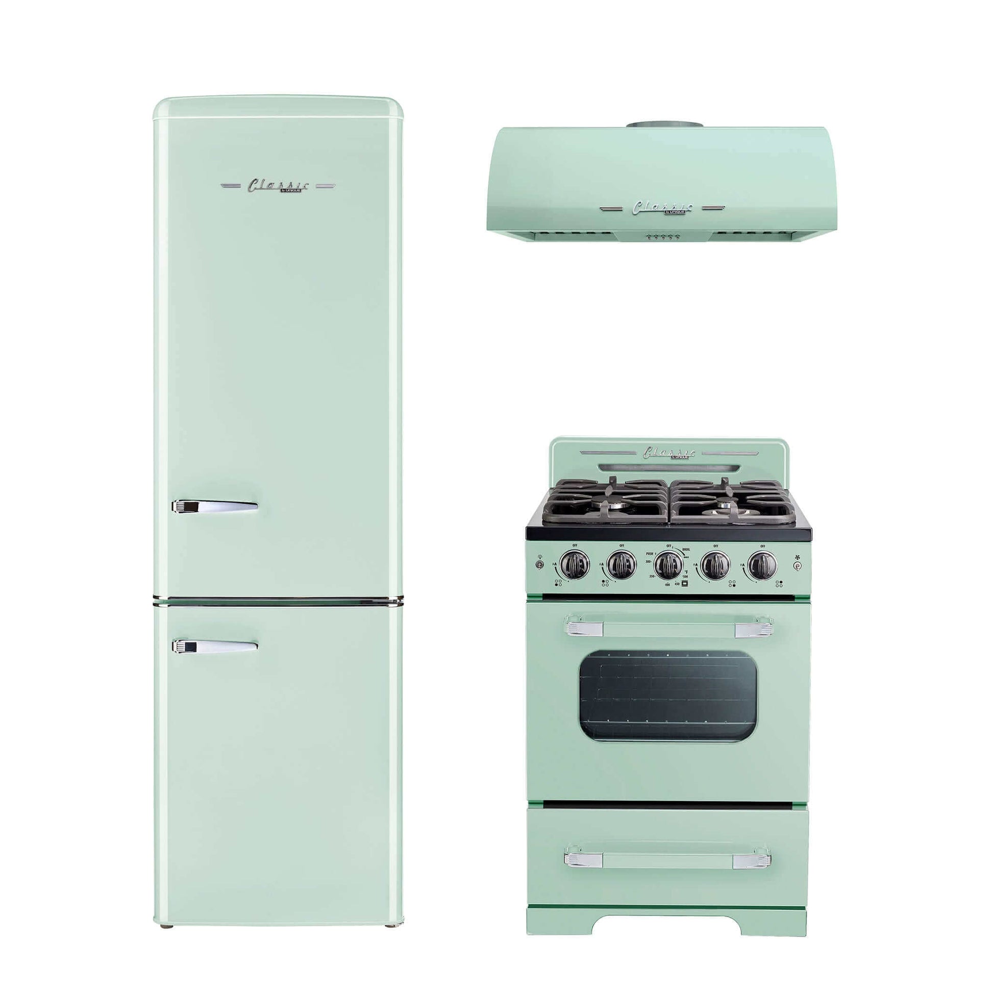 Mint green 24-inch Classic Retro Range Hood, fridge, and stove set, ideal for cabin kitchens. Available at Cabin Depot.