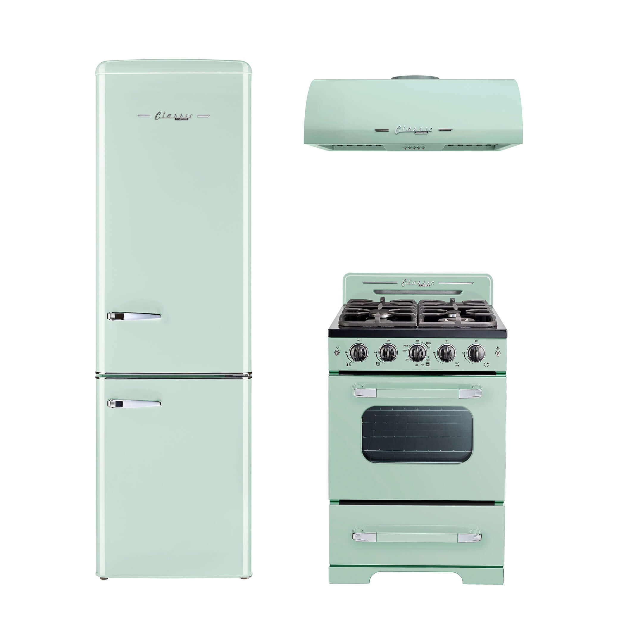 Mint green 24-inch Classic Retro Range Hood, fridge, and stove set, ideal for cabin kitchens. Available at Cabin Depot.
